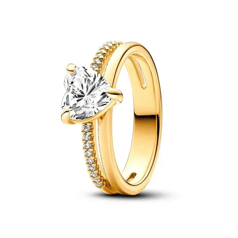 New 925 Sterling Silver Shiny Classic Gold Color Crown Bow Heart-shaped Rings Exquisite Luxury Charm Women's Jewelry Party Gifts