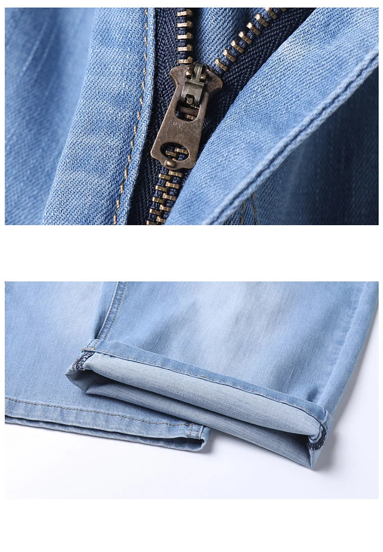 Summer Classic Shorts Jeans Men Denim Pants Straight Stretch Casual Cool Thin Knee Length Sky Blue Fashion Brand Daily Trousers