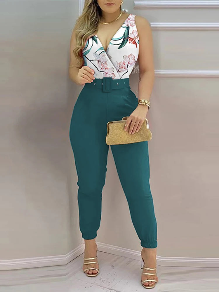 New Casual Women's Pants Women's V-neck Open Back Printed High Waist Jumpsuit Women (including Belt) Spring and Summer 2023