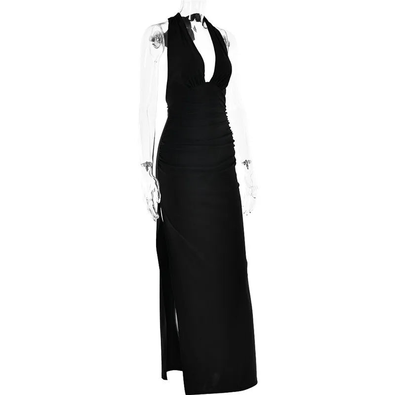Mozision Halter Deep V Neck Backless Sexy Maxi Dress For Women Fashion Solid Sleeveless Bodycon Club Party Evening Long Dress