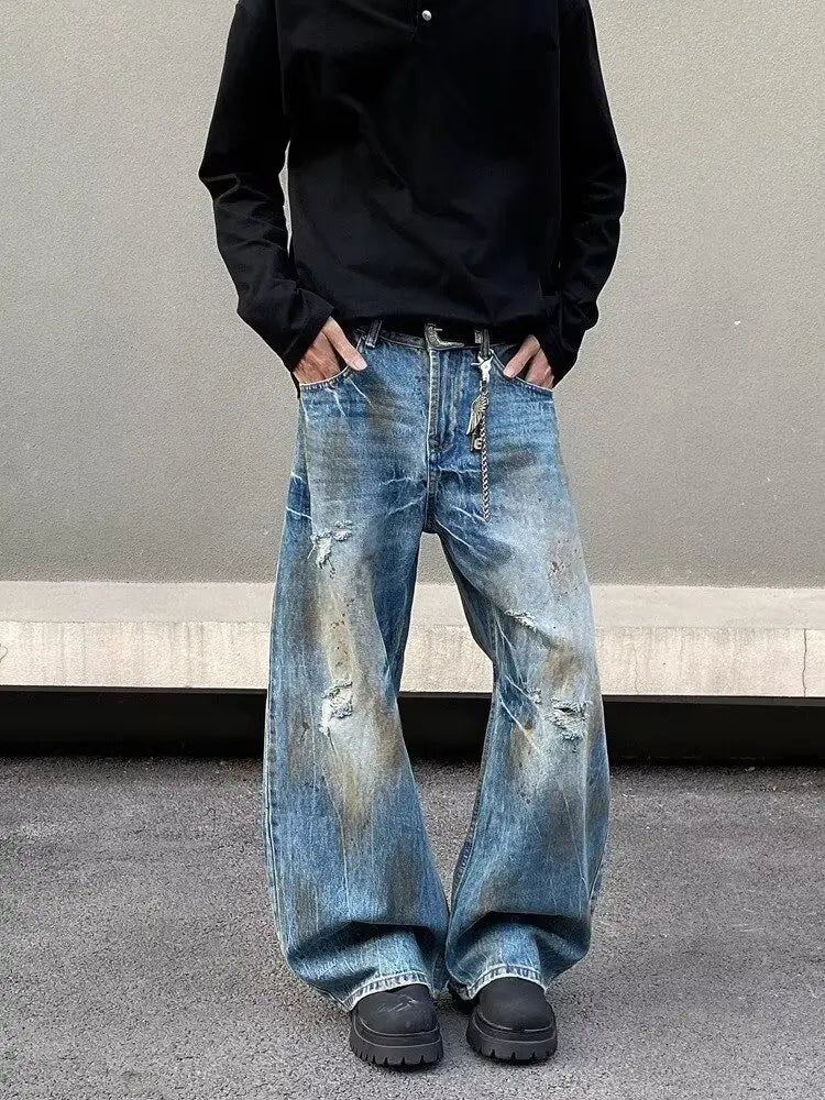 2000S Clothes Y2K Grunge Old Dirty Washed Blue Baggy Ripped Jeans Pants For Men 90S Vintage Clothes Denim Trousers Ropa Hombre