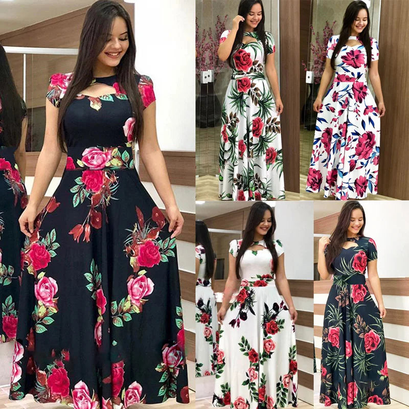 Elegant Spring Women's Dress Casual Fashion Floral Print Short Sleeve Super Long Dress 2023 New Fashion Hollow Out Long Dresses