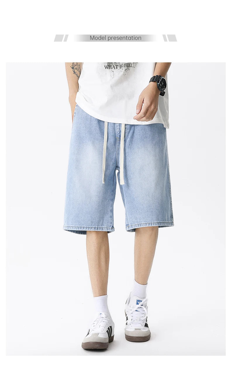 Casual Denim Shorts Men Elastic Waist Straight Comfortable Light Blue Soft Short Pants Baggy Wide Bermuda Male Jeans