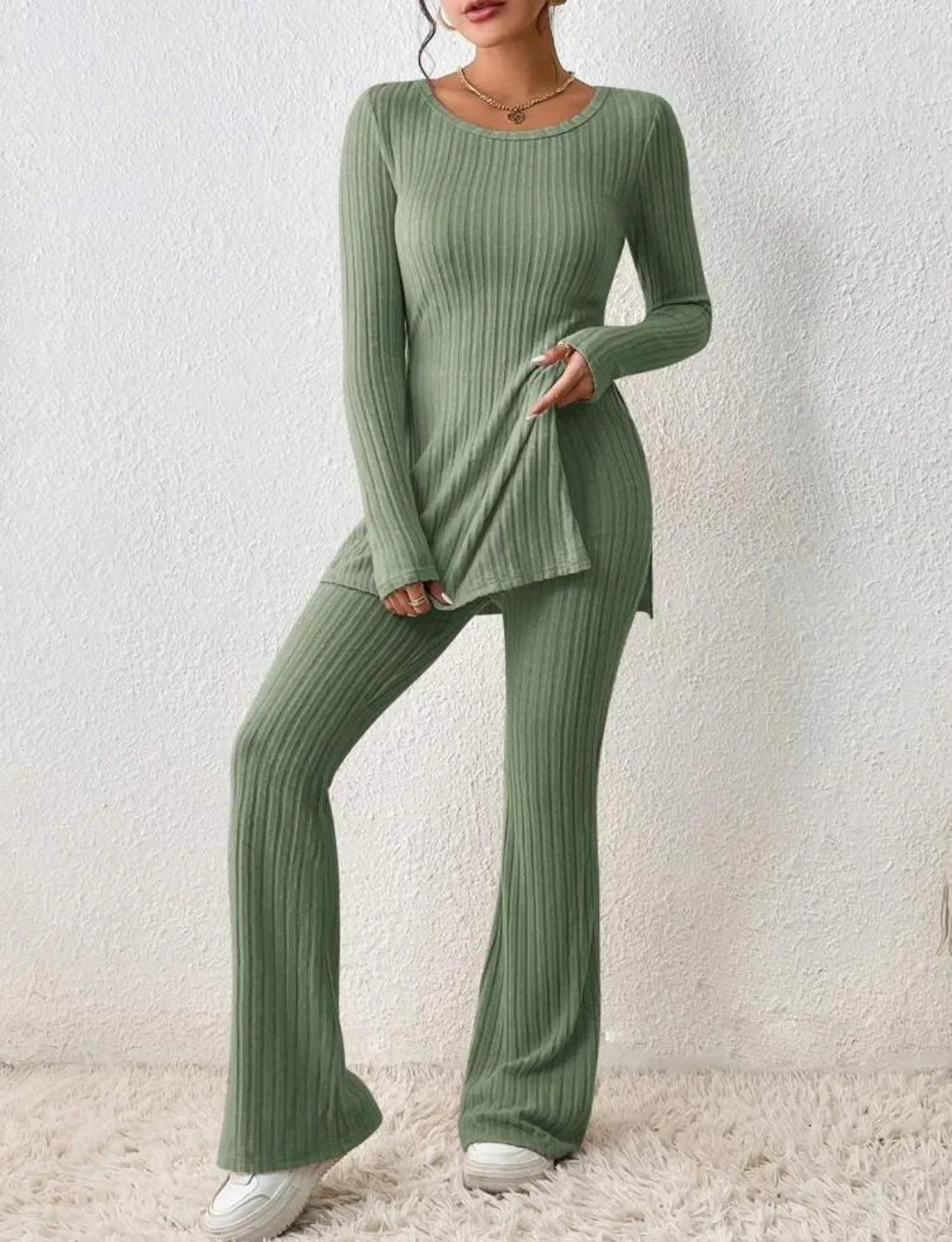Autumn Winter Fashion Knit Suit 2024 Casual Loose Pullover+Elastic Long Pants Print Knitted Solid Two Pieces Sets Women Clothing
