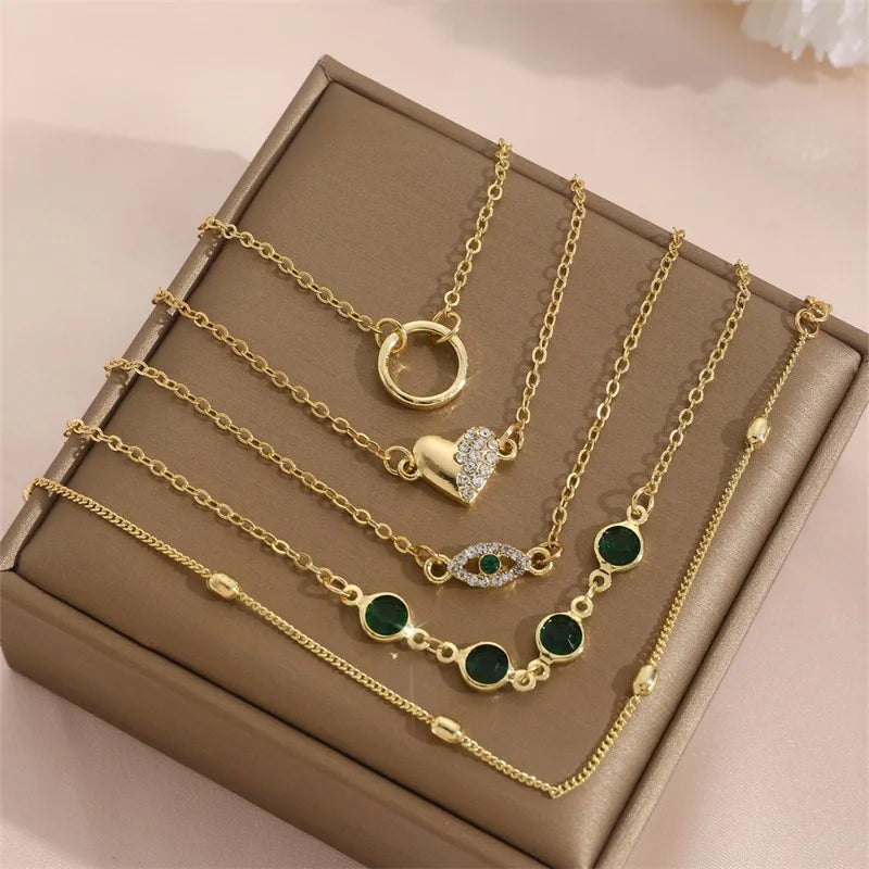 5 PCS Set Hallow Out Heart Green Crystal Stone Bracelet Set For Women Gold Color Lovely Butterfly Rhinestone Girls Bracelet Set