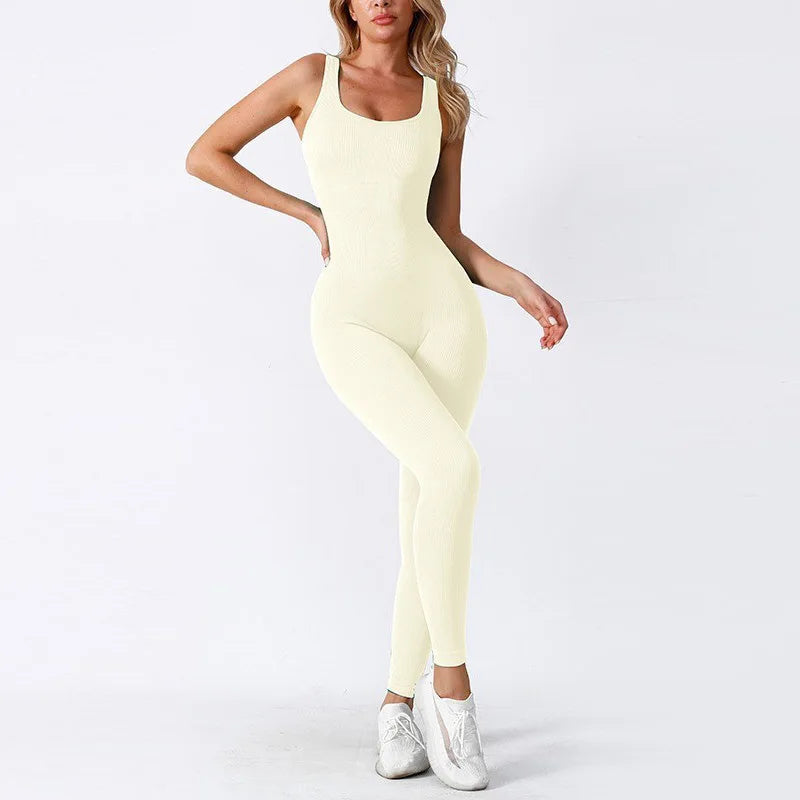 Women Workout Seamless Jumpsuit Yoga Ribbed Bodycon One Piece Square Neck Leggings Romper