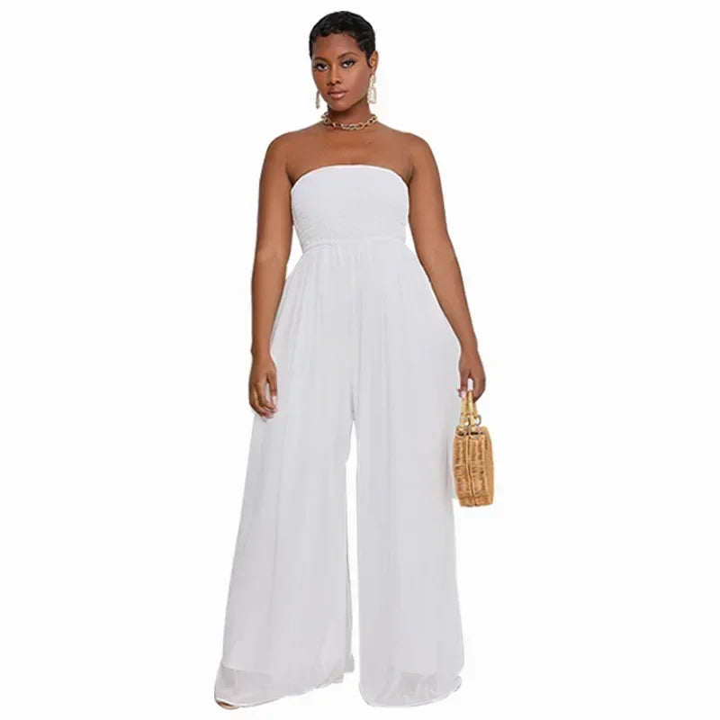 Women Strapless Sleeveless Long Loose Wide Leg Pants Overall Jumpsuits High Waist Solid Color Full Length Pants