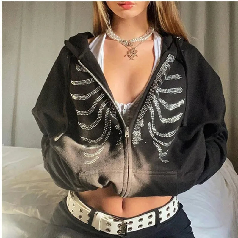Y2K Rhinestone Skeleton Hoodies Women Gothic Black Zip Up Oversized Sweatshirts Female Retro Harajuku Hooded Jacket Streetwear
