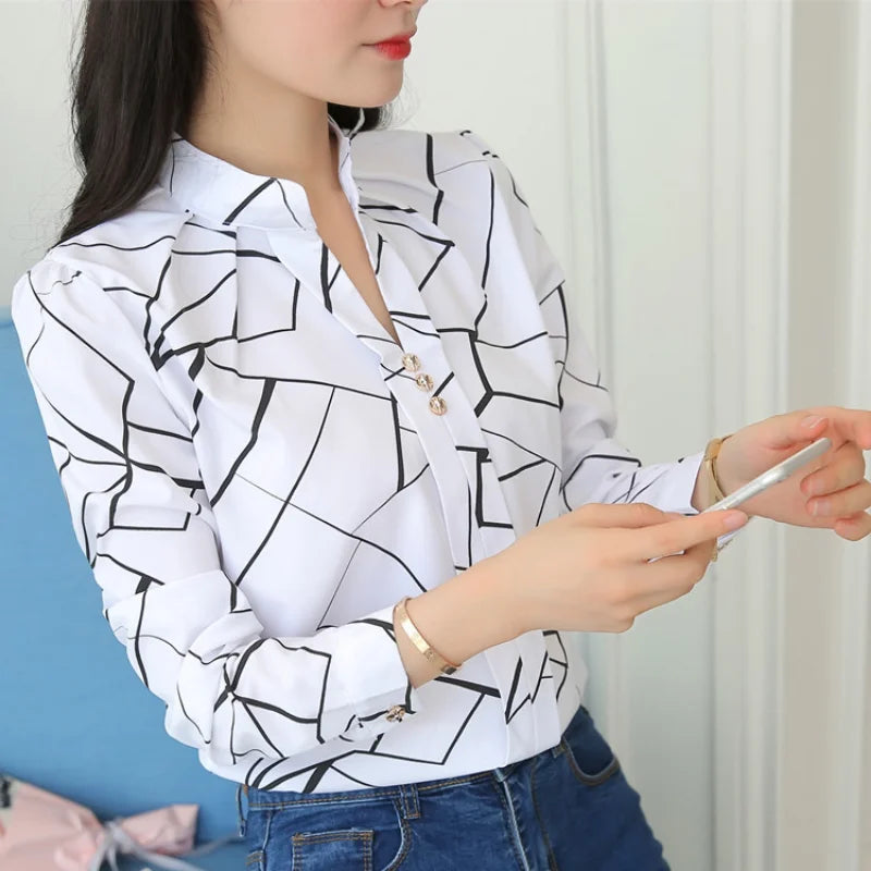 Stripe Women Blouse Fashion Standing Collar Women's Shirt Long Sleeved Shirts and Blouses Printing Ladies Tops Basic Womens Tops