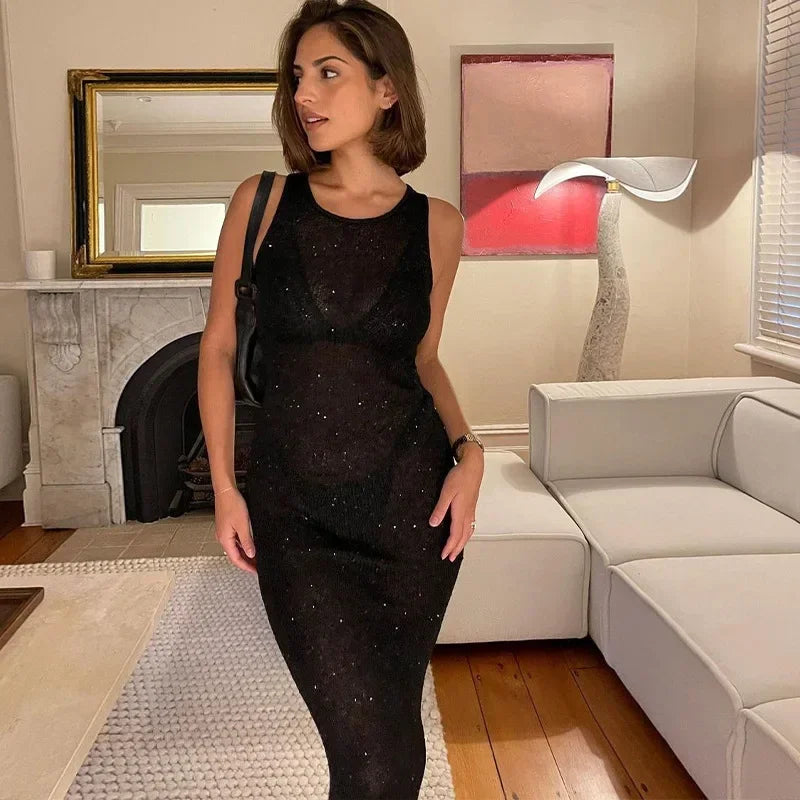 Summer Spliced See-through Long Dress Women Casual Sleeveless Vest Long Dress Solid Color Sequined Slim Party Dress 2024 New