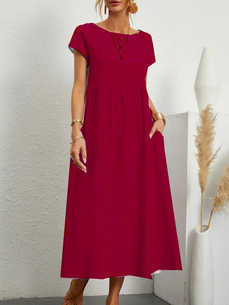 2024 Summer New Short Sleeved Women's Dress With Loose Casual Pockets Solid Color Round Neck Pullover Long And Elegant Dress
