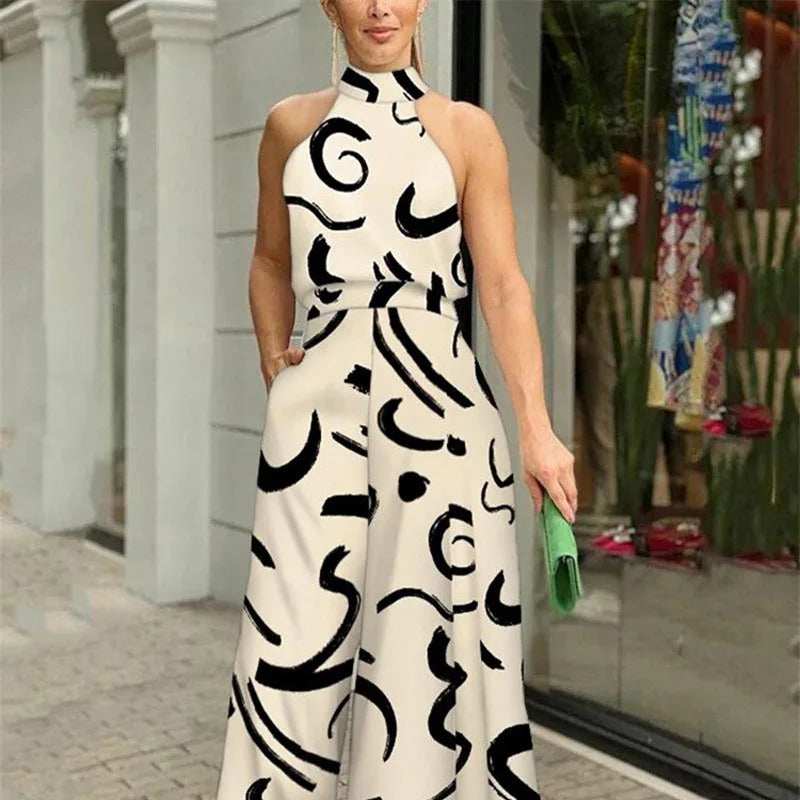 Women's New Fashion Round-neck Sexy Printed Jumpsuit Trousers Simple Sleeveless High Waist Tie Temperament Commuting Jumpsuit