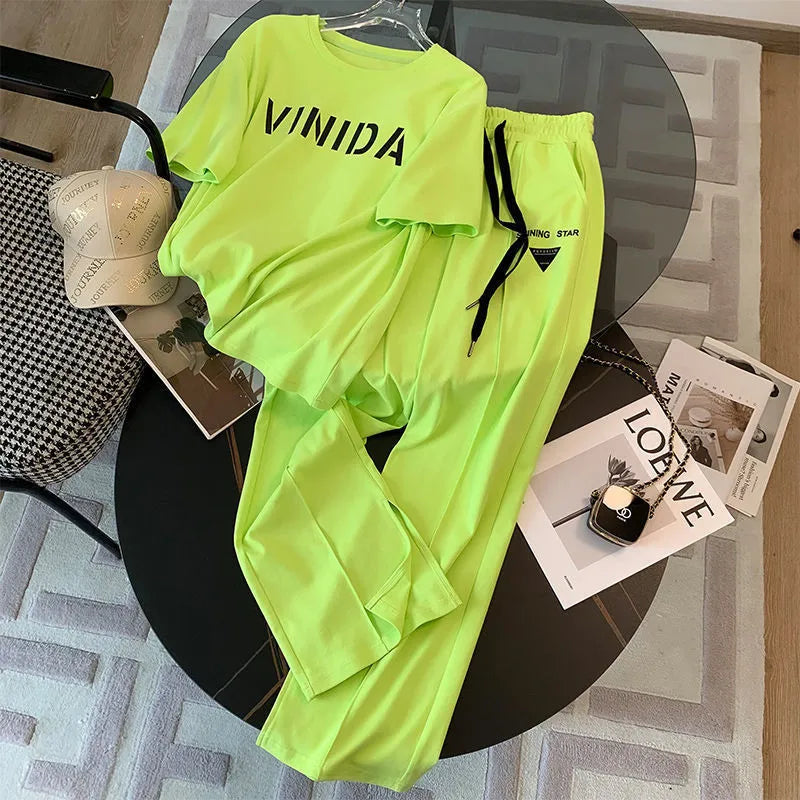 25 Summer New Fashionable Women's Set Loose Fashion Top+Sports Wide Leg Pants Two Piece Set