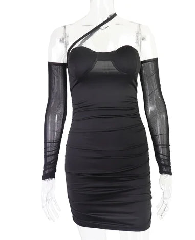 A 2025 new style long-sleeved, cinched-neck, fashionable nightclub-style short dress that wraps the hips