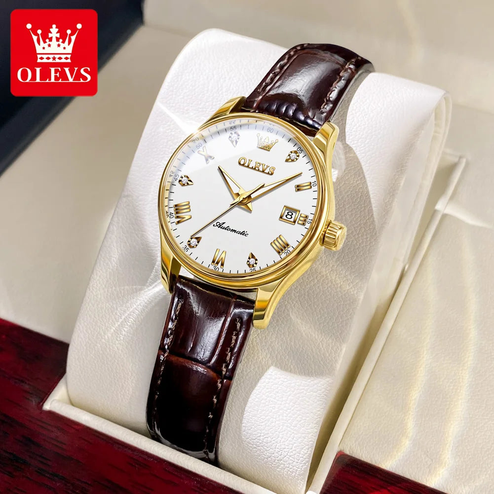 OLEVS 9932 Women's Automatic Mechanical Wristwatch Leather Strap Waterproof Dual Calendar Wristwatch Luxury Elegant Ladies Watch