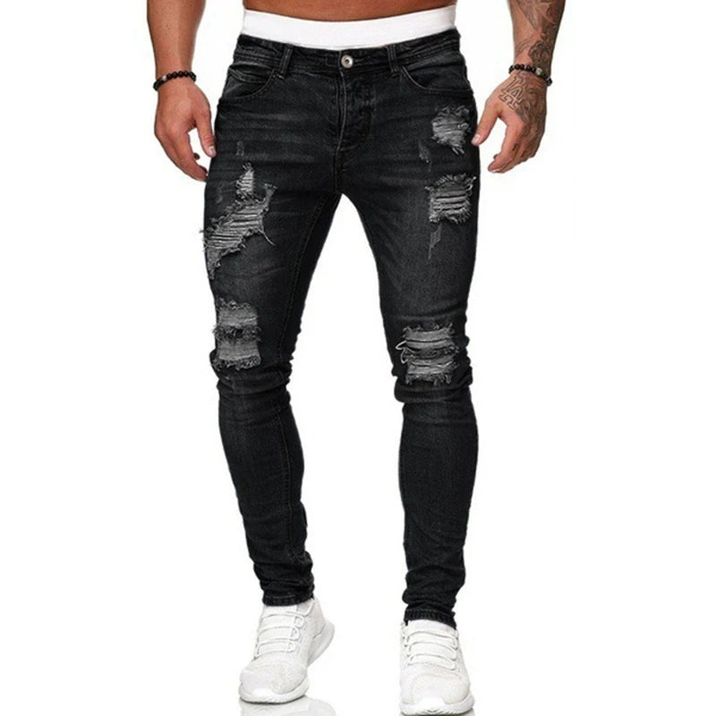 Men Vintage Wash Solid Jeans Fashion Street Style Ripped Skinny Denim Trousers Hip Hop Casual Slim Pencil Denim Pants Hot Sale