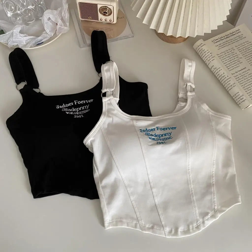 Women Embroid Letter Tank Tops With Bra Pad Casual Camis Y2K Crop Tops For Women Shoulder Belt Iron Ring Tank Tops