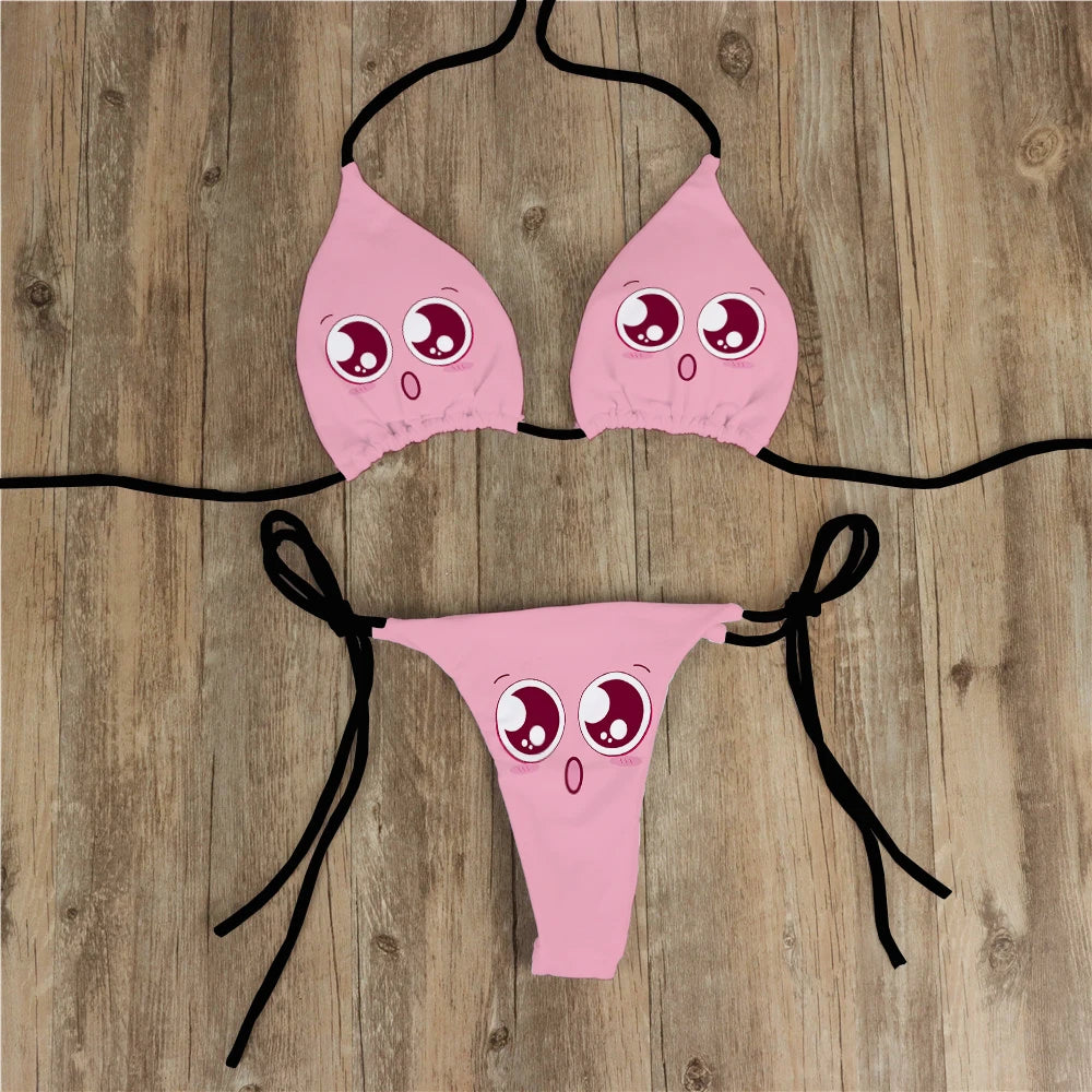 Sexy Bikini Set Yellow Swimsuit Cartoon Print  Fashion Sweet Women's Bra Swimsuit Deep V Summer Beachwear Party Bikini suit