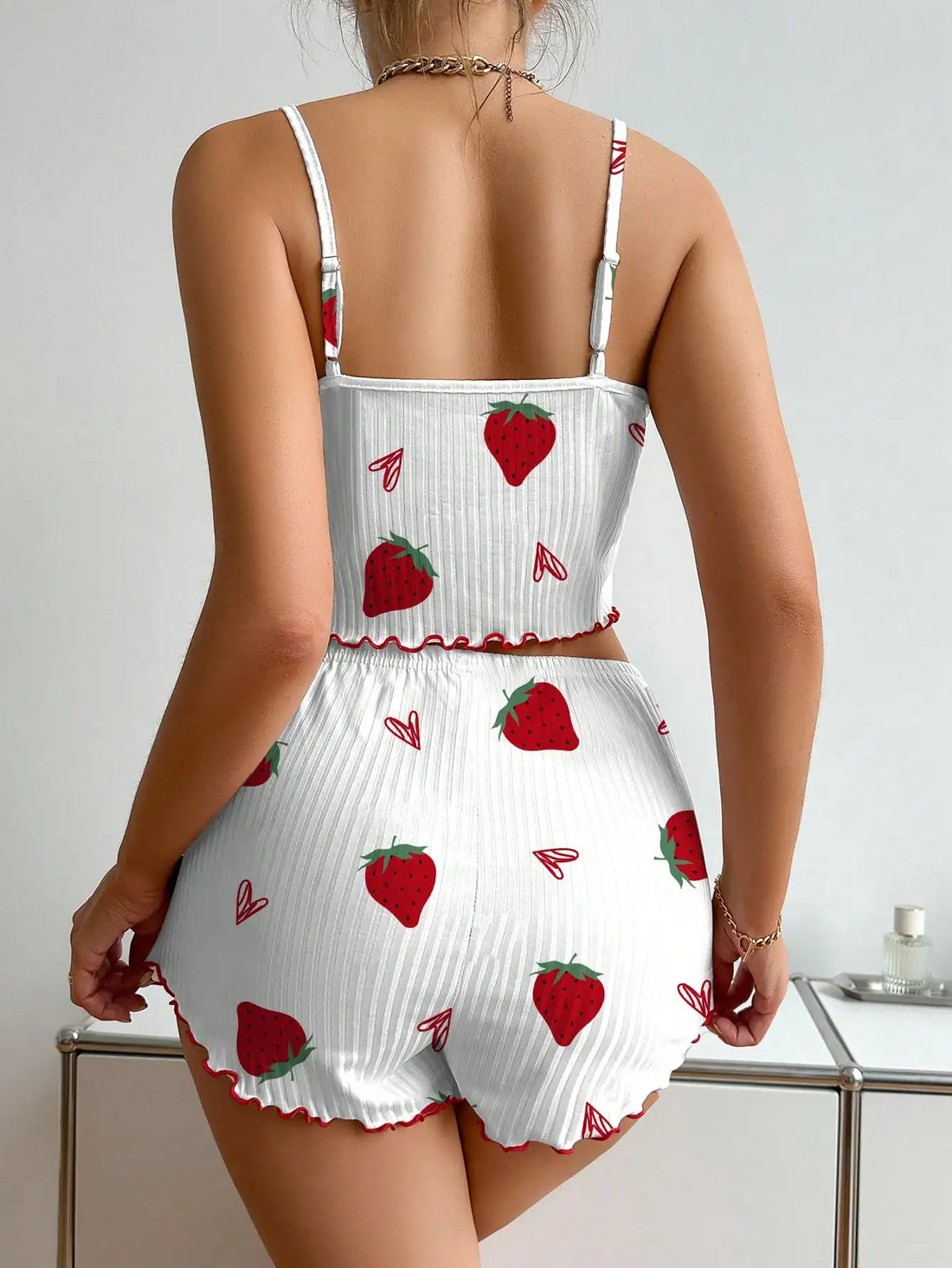 Women's Strawberry Print Ribbed Knit Ice Silk Camisole Pajama Set Comfortable Two-Piece Sleepwear for Summer