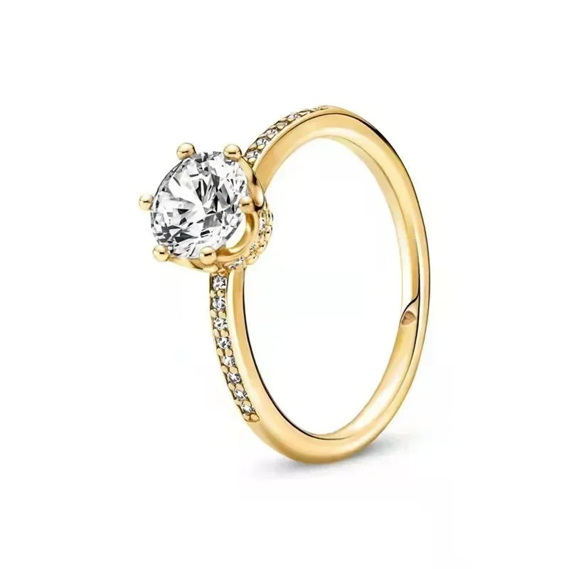 New 925 Sterling Silver Shiny Classic Gold Color Crown Bow Heart-shaped Rings Exquisite Luxury Charm Women's Jewelry Party Gifts