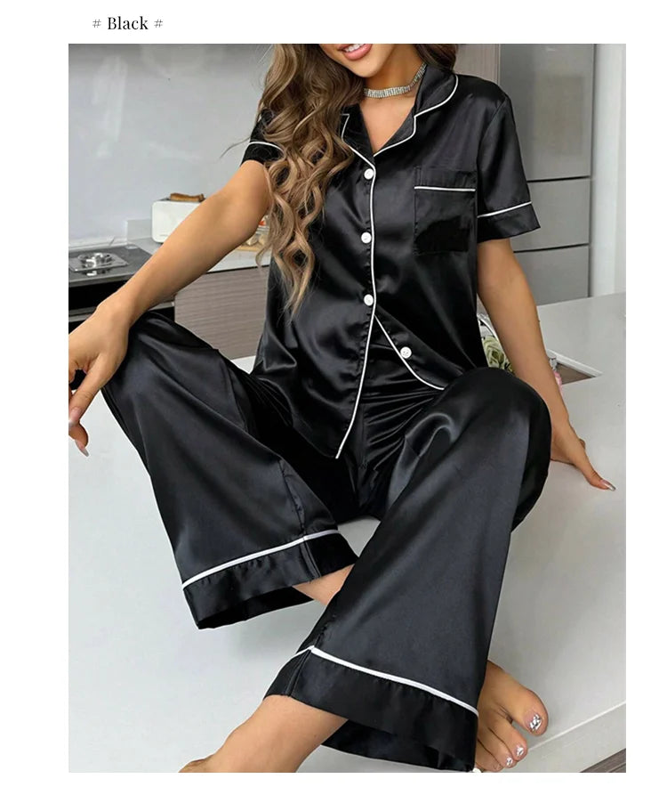 Satin Pajama For Women Home Clothes Pajamas Autumn Short Sleeve Turn-down Collar Tops & Pants Sleepwear 2 Piece Set Pyjama Femme
