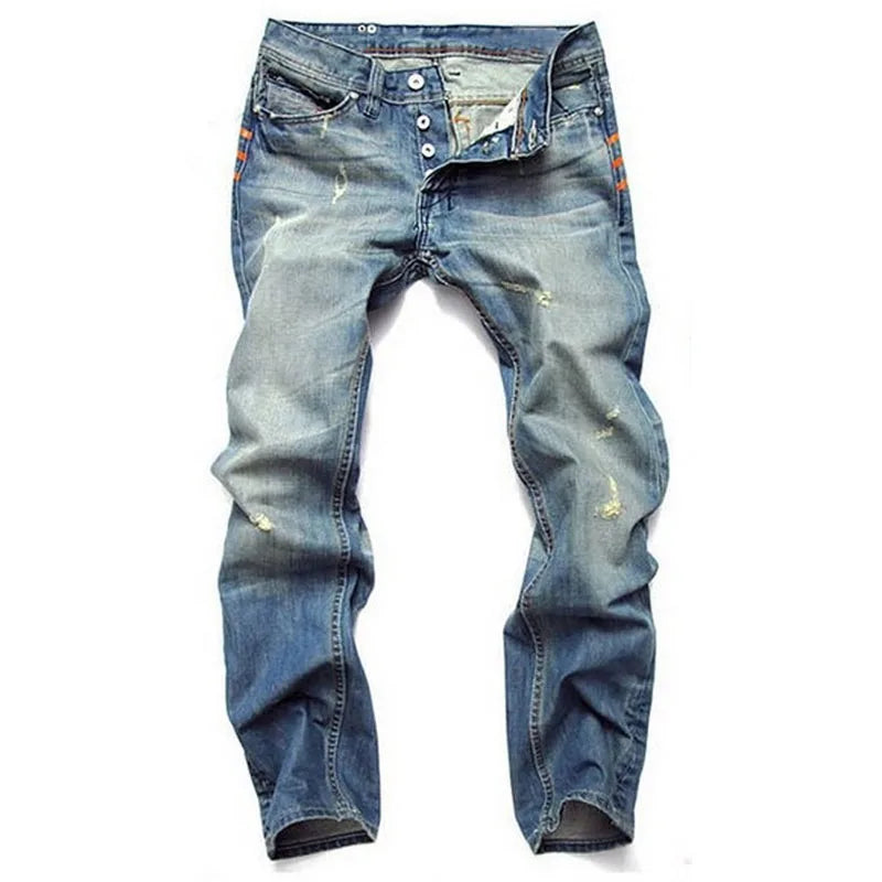 Men Pants High Quality Streetwear Men's Ripped Nostalgic Scratched Jeans Casual  Button Straight Denim Trousers Male Pant
