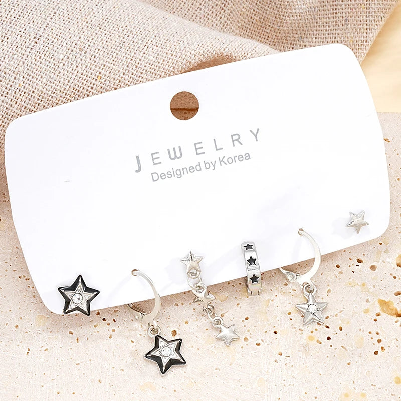 6pcs Set Earring Silver Color Star Dangle Earrings Vintage Metal Geometric Drop Earring for Women Fashion Trendy Y2K Jewelry