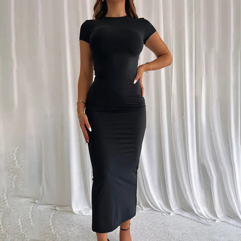 Women's 2025 New Fashionable Casual Solid Color Round Neck Slim Sexy Short-sleeved Dress For Women's Tight Robe Street Style