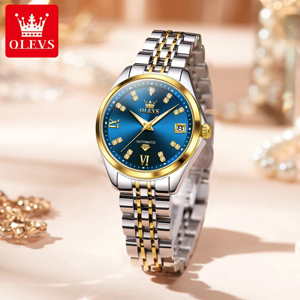 OLEVS 9801 Womens Watch Luxury Fashion Waterproof  Automatic Mechanical Watch Stainless Steel Diamond Date Ladies Watch Set
