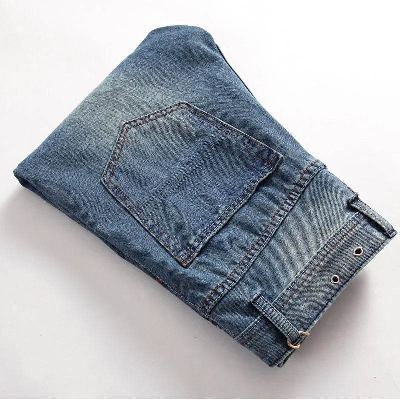 Men Pants High Quality Streetwear Men's Ripped Nostalgic Scratched Jeans Casual  Button Straight Denim Trousers Male Pant