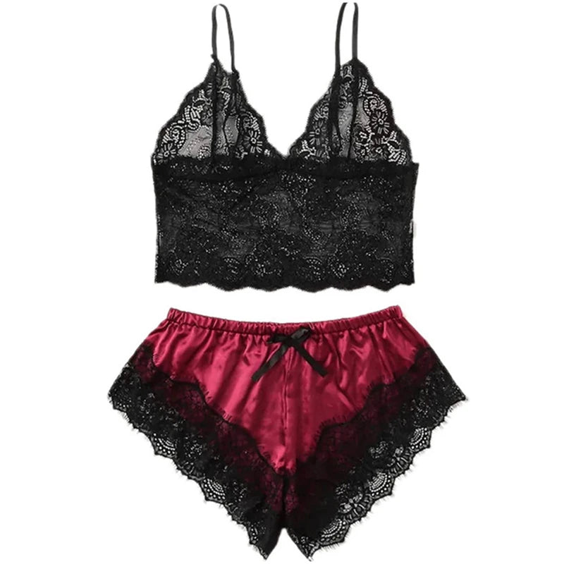 Womens Sexy Lace Sleepwear Lace Nachtkleding Lingerie Sleeveless V-Neck Babydoll Pajamas Set Lingerie Tops Shorts Set Nightwear
