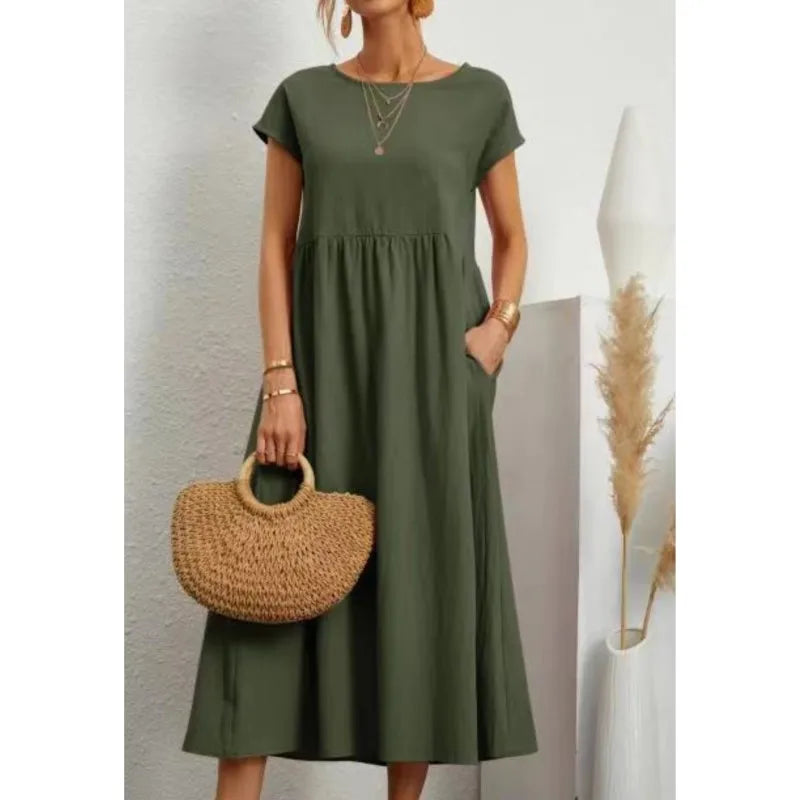 2024 Summer New Short Sleeved Women's Dress With Loose Casual Pockets Solid Color Round Neck Pullover Long And Elegant Dress