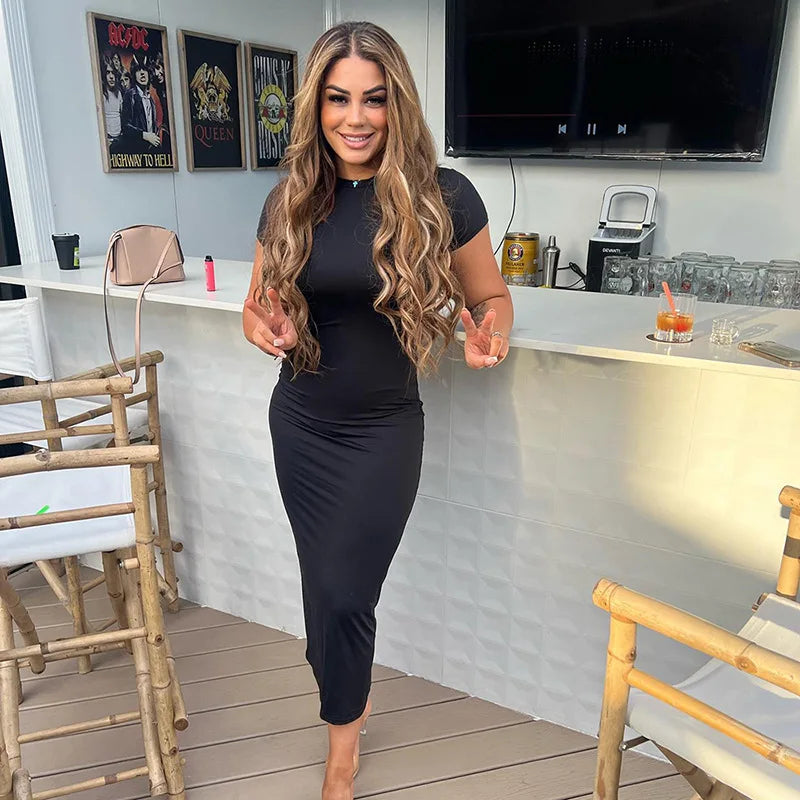 Women's 2025 New Fashionable Casual Solid Color Round Neck Slim Sexy Short-sleeved Dress For Women's Tight Robe Street Style