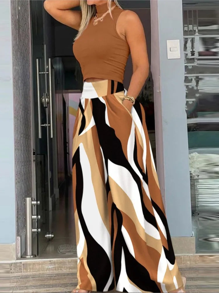 Women Casual Print Set Fashion Sleeveless Turtleneck Top T-shirt 2 Piece Sets Lady Loose Wide Leg Pants Two Piece Sets Summer