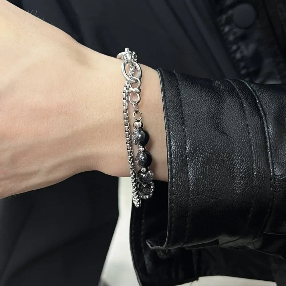 2024 Retro Black Cracking Beads Bracelet for Men Women Stainless Steel Double Layered Chain Fashion Hip-pop Jewelry Pulseras