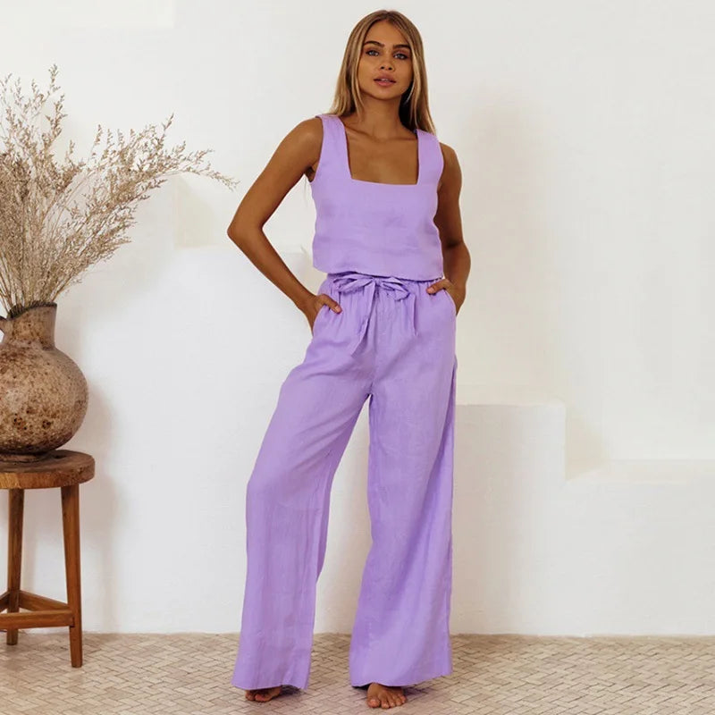 Women Casual Solid Color Suit Sweet 2 piece Set Sleeveless Vest Wide Leg Pants Cotton And Linen Sets Suumer Fashion Women's Wear