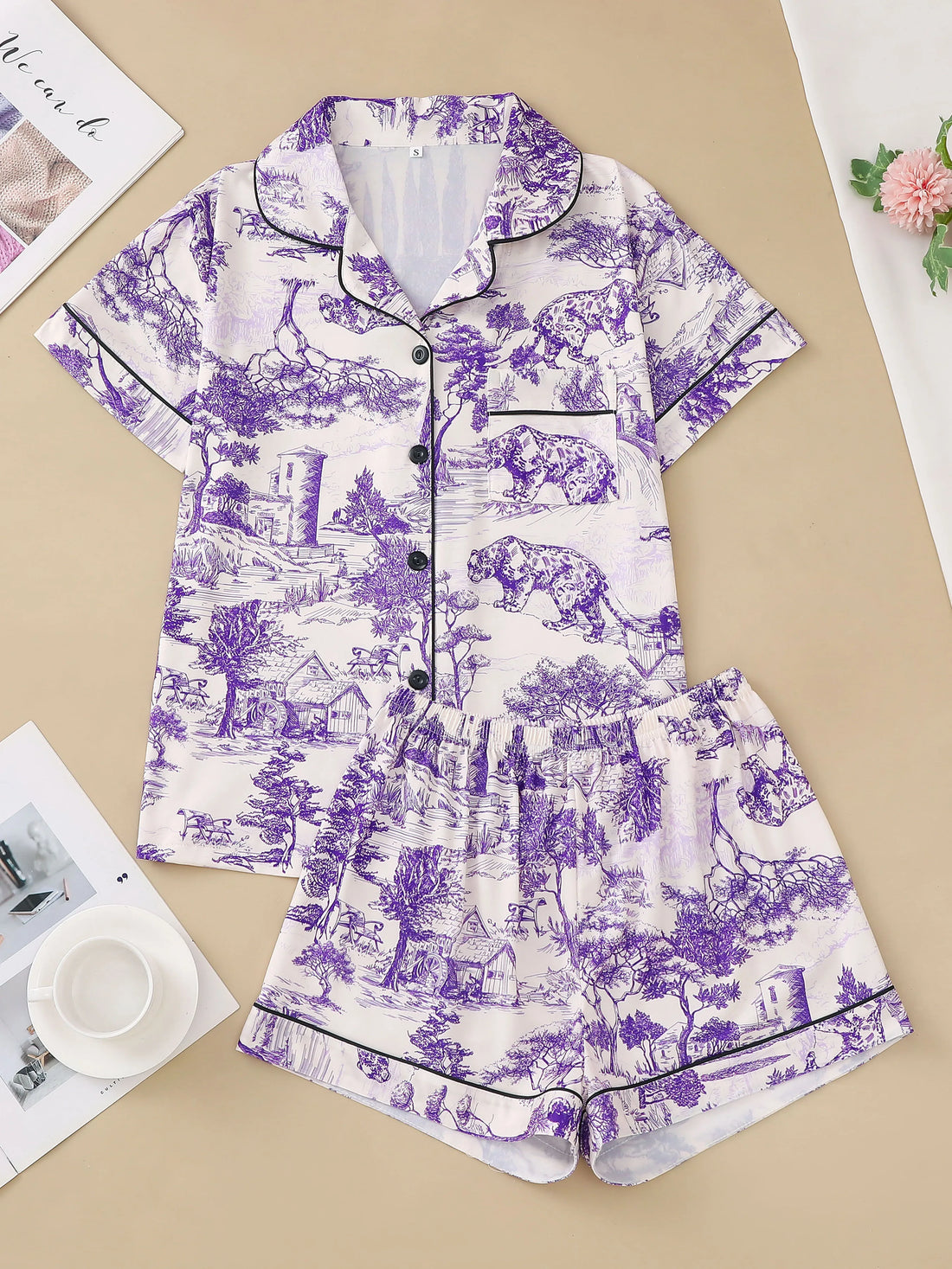 Natural animal print pajama set comfortable short-sleeved lapel top and elasticated waistband shorts women's loungewear
