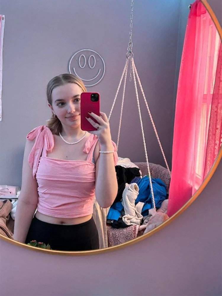 Solid Tie Shoulder Ruched Wide Strap Slim Fit Crop Top for Women Summer 2025 Y2K Clothes Pink Backless Cami Top Streetwear