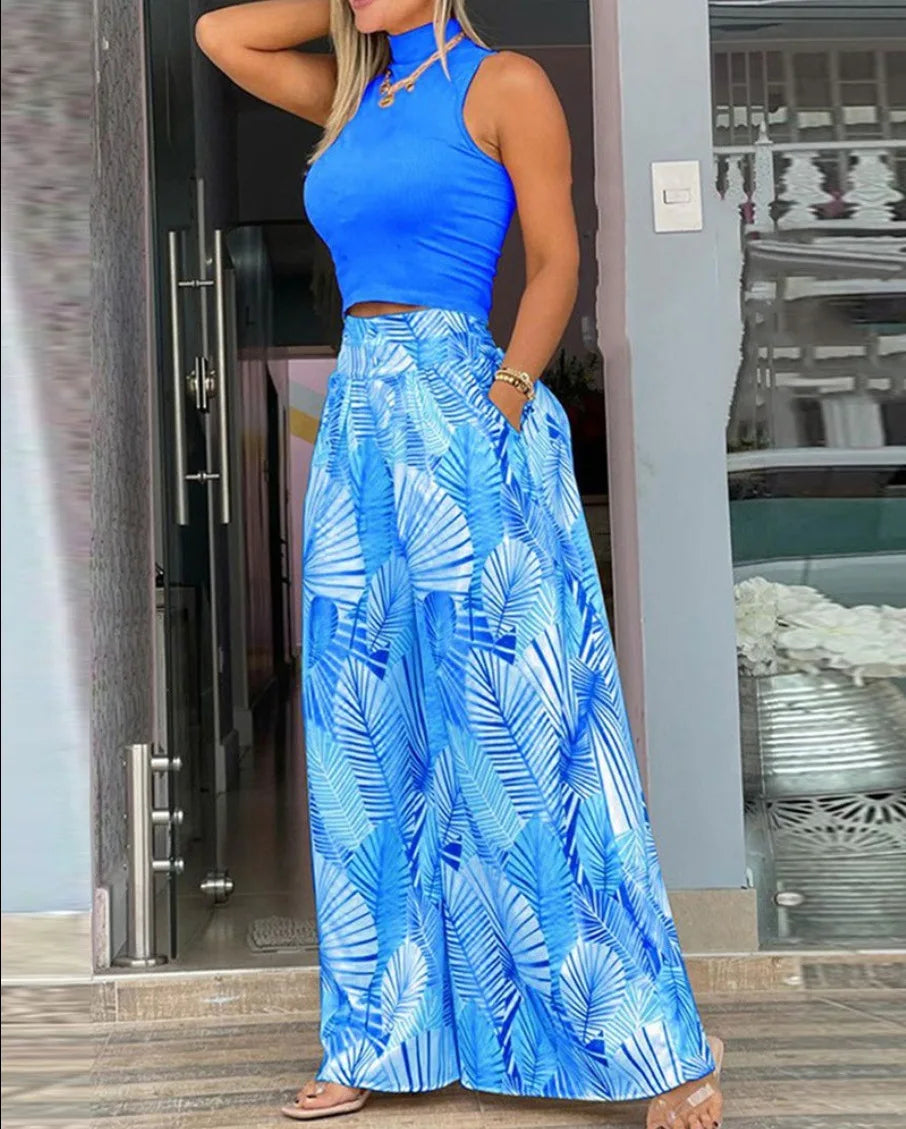 Women Casual Print Set Fashion Sleeveless Turtleneck Top T-shirt 2 Piece Sets Lady Loose Wide Leg Pants Two Piece Sets Summer