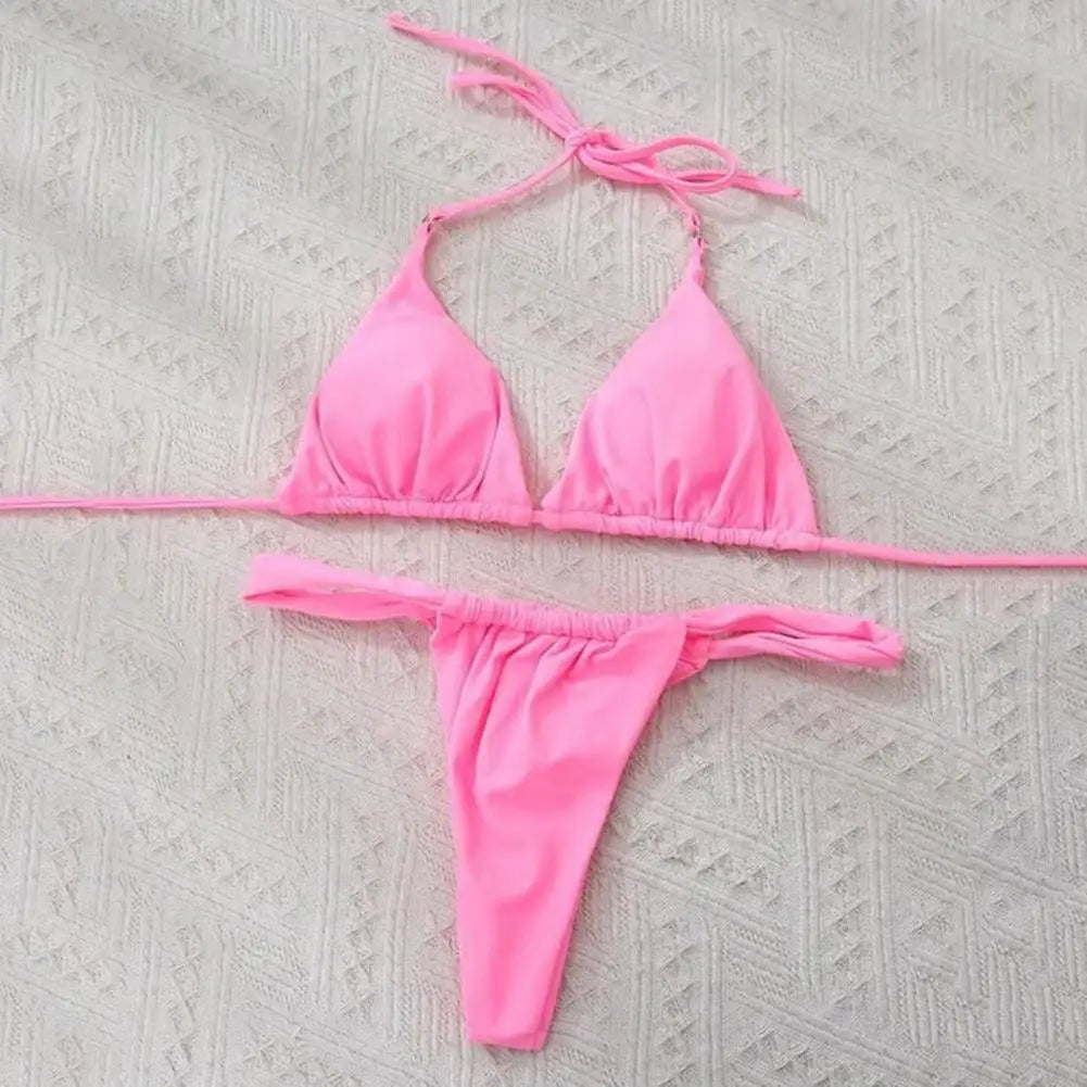 Women Bikini Set Low-cut Pleated Push Up Backless sexy hot girls Bikini Set Lace Up High Waist Halter Neck Bathing Suit Swimwear