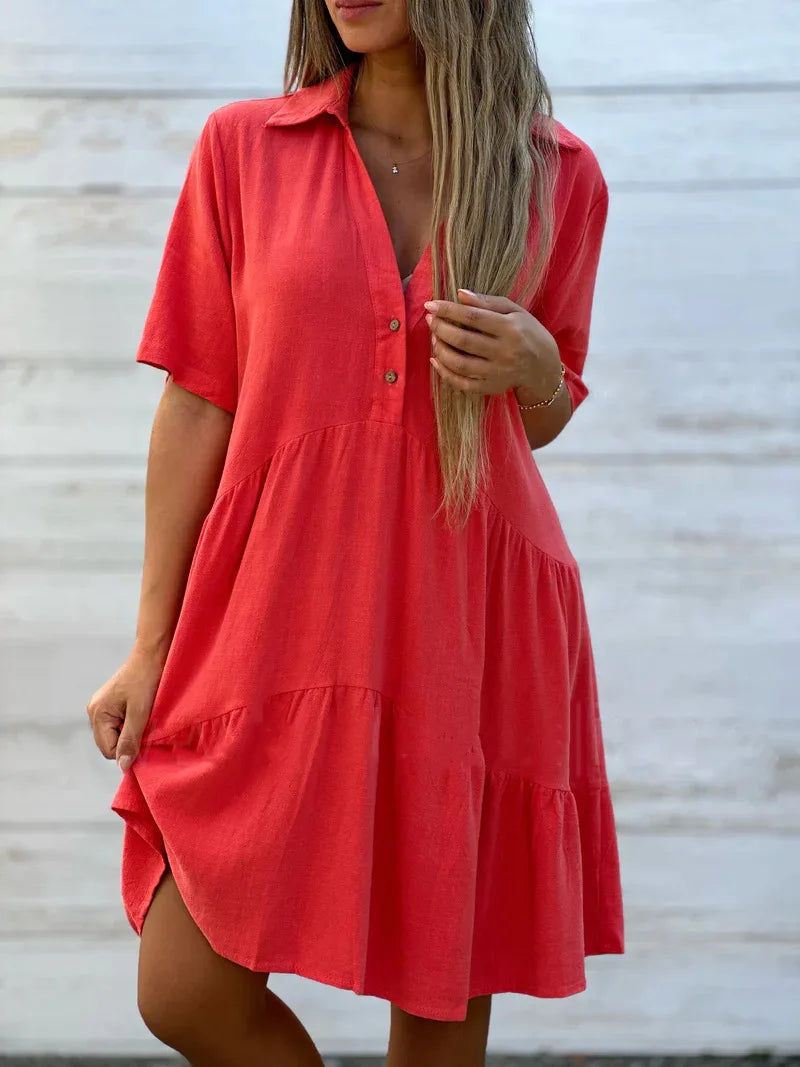 Fashion Short Sleeve White Cotton Linen Dress Women 2024 Summer Loose Casual Buttons Comfortable Dresses For Women Robe Femme