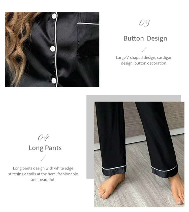 Satin Pajama For Women Home Clothes Pajamas Autumn Short Sleeve Turn-down Collar Tops & Pants Sleepwear 2 Piece Set Pyjama Femme