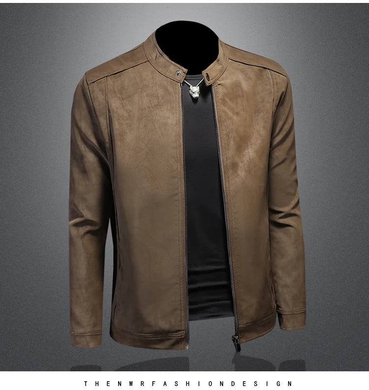 2025 new high-quality slim fit leather jacket, men's casual stand up collar motorcycle leather jacket,