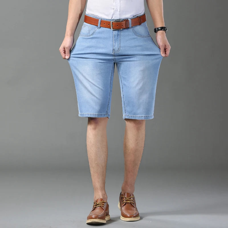 Summer Classic Shorts Jeans Men Denim Pants Straight Stretch Casual Cool Thin Knee Length Sky Blue Fashion Brand Daily Trousers