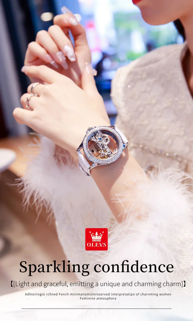 OLEVS Luxury Women Automatic Mechanical Watch Stainless Steel Diamond Inlay Fully Hollow Design Luminous Dial Elegant Wristwatch