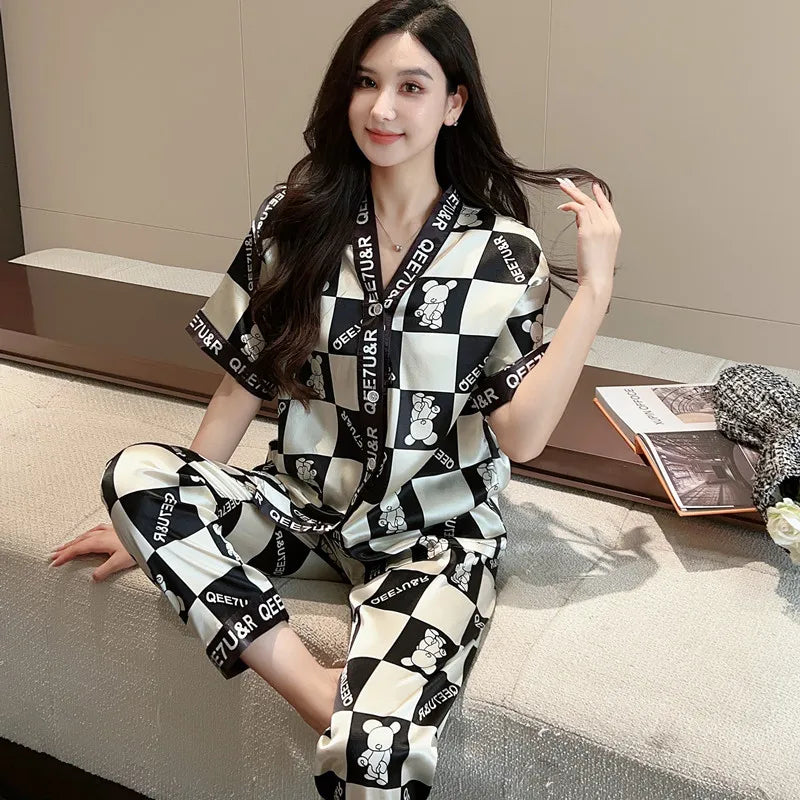 Pajamas Women Ice Silk Cardigan Short Sleeve Long Pants Fashion Casual Silk Wearable Homewear Green Letter Suit