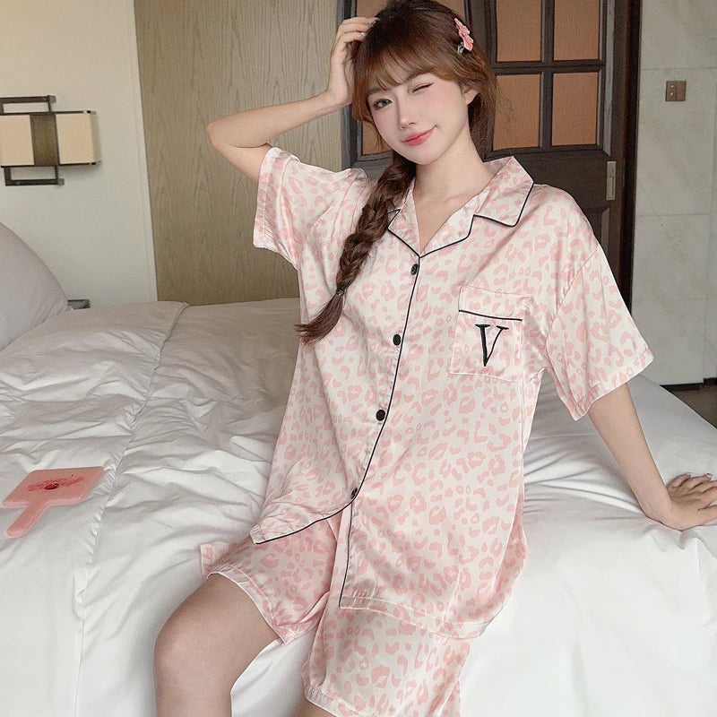 Cartoon Black Cat Cute Women Two-piece Pajamas Simulated Silk Summer Cool Short Lady Sleepwear 2024 New Classic Female Housewear