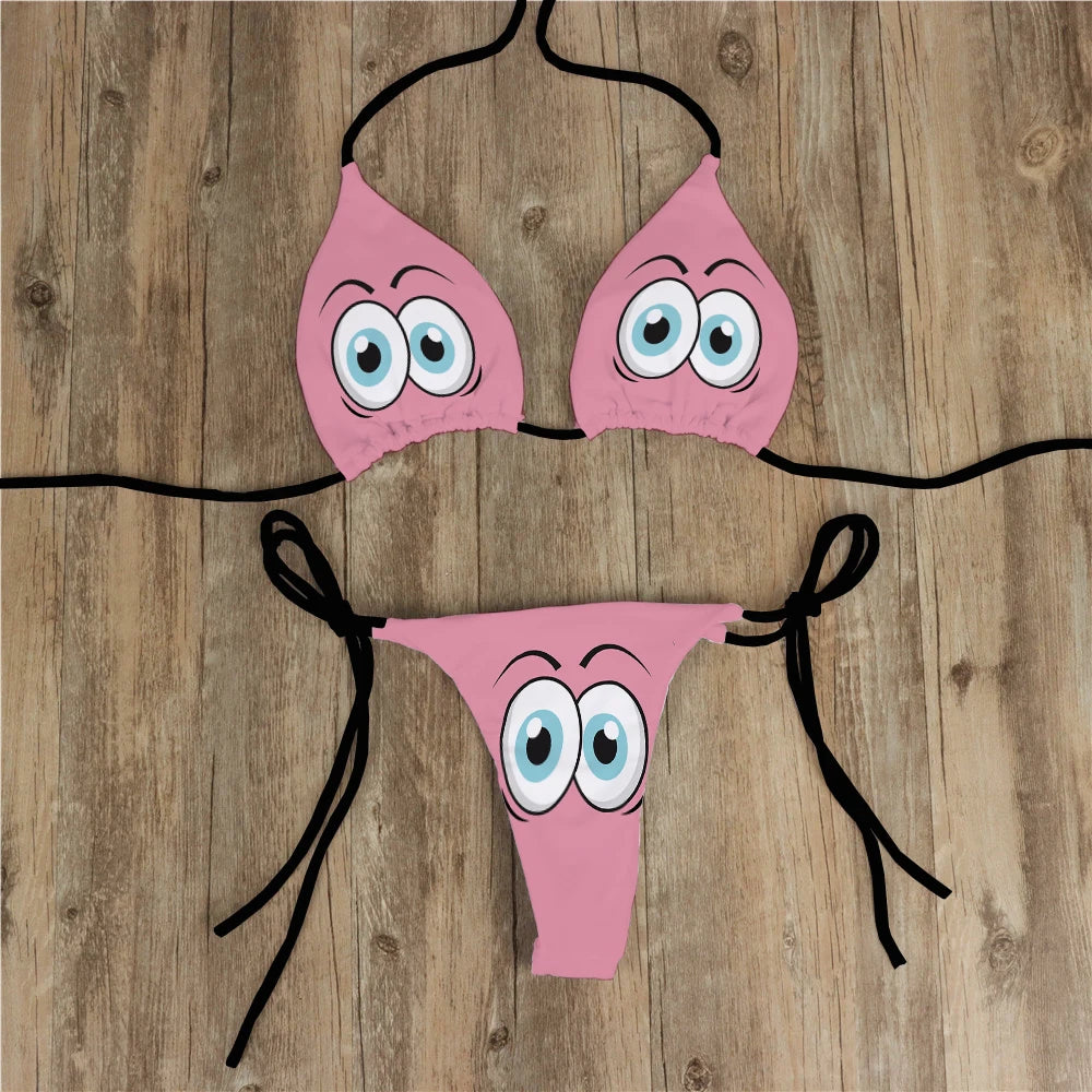 Sexy Bikini Set Yellow Swimsuit Cartoon Print  Fashion Sweet Women's Bra Swimsuit Deep V Summer Beachwear Party Bikini suit