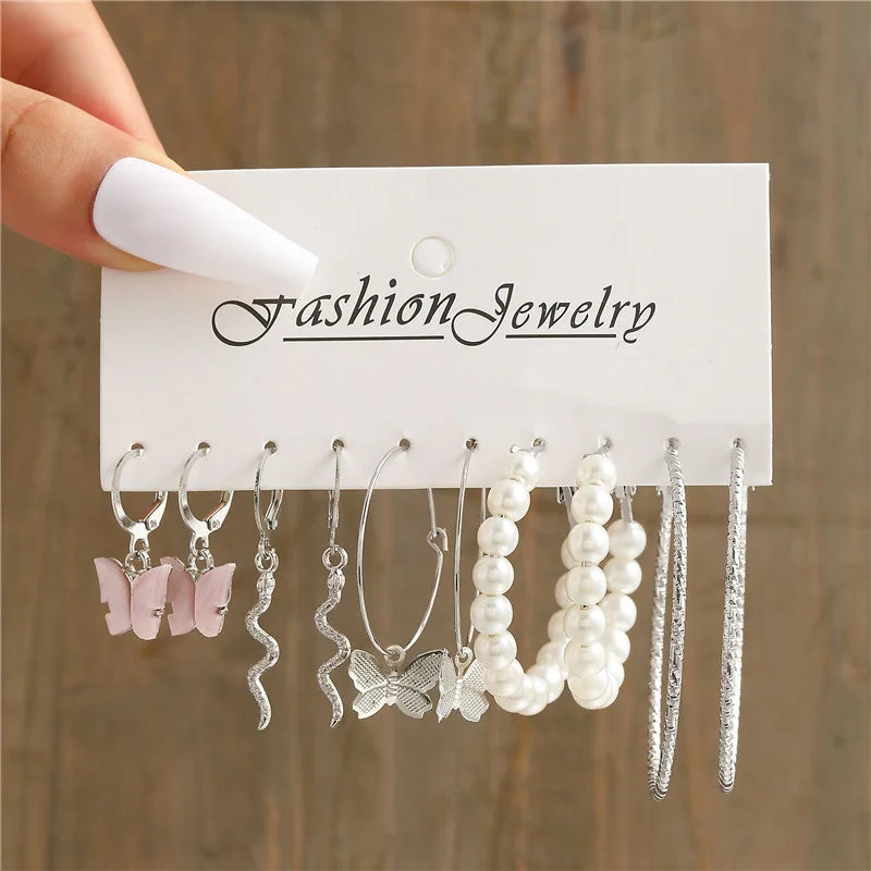 Trendy Silver Color Butterfly Hoop Earrings Set for Women Girls Geometric Irregular Metal Resin Acrylic Earrings Jewelry