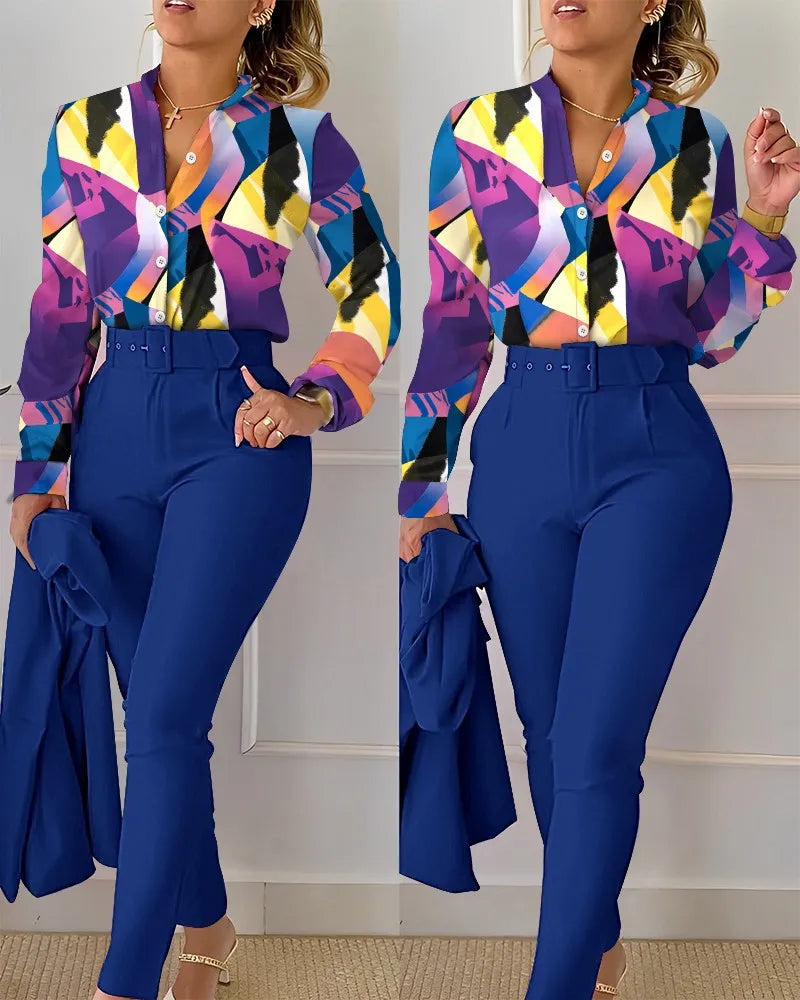 Autumn Winter Stand Neck Floral Print Long Sleeve Shirt Pants Two Piece Sets Elegant Women Casual Shirt Trousers Suits With Belt